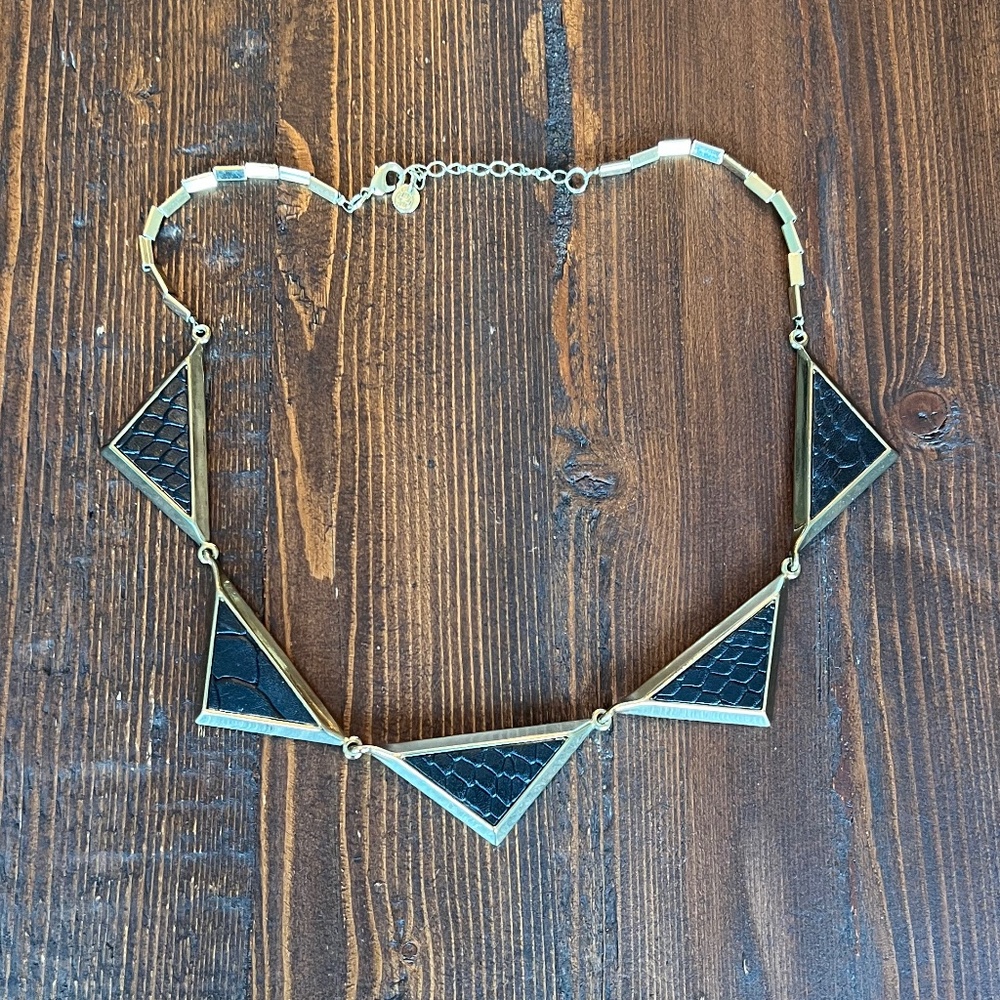 House of Harlow 1960 Gold and Black Leather Reptile Pyramid Necklace.